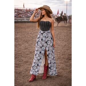 NEW Lucky & Blessed Concho Print Maxi Skirt Turquoise Black Western Rodeo Boho